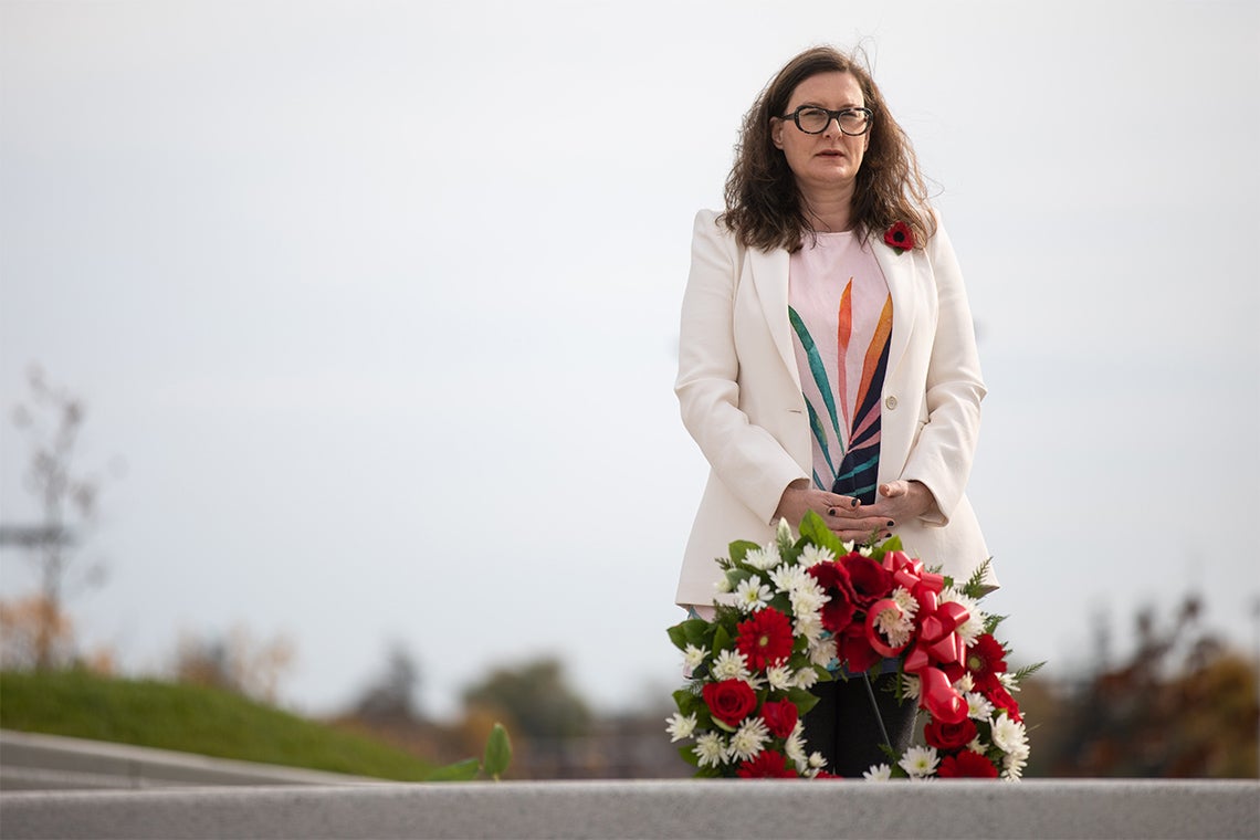 Alexandra Gillespie, vice-president and principal of U of T Mississauga, took part in a virtual Remembrance Day ceremony that was streamed online&nbsp;(photo by Nick Iwanyshyn)