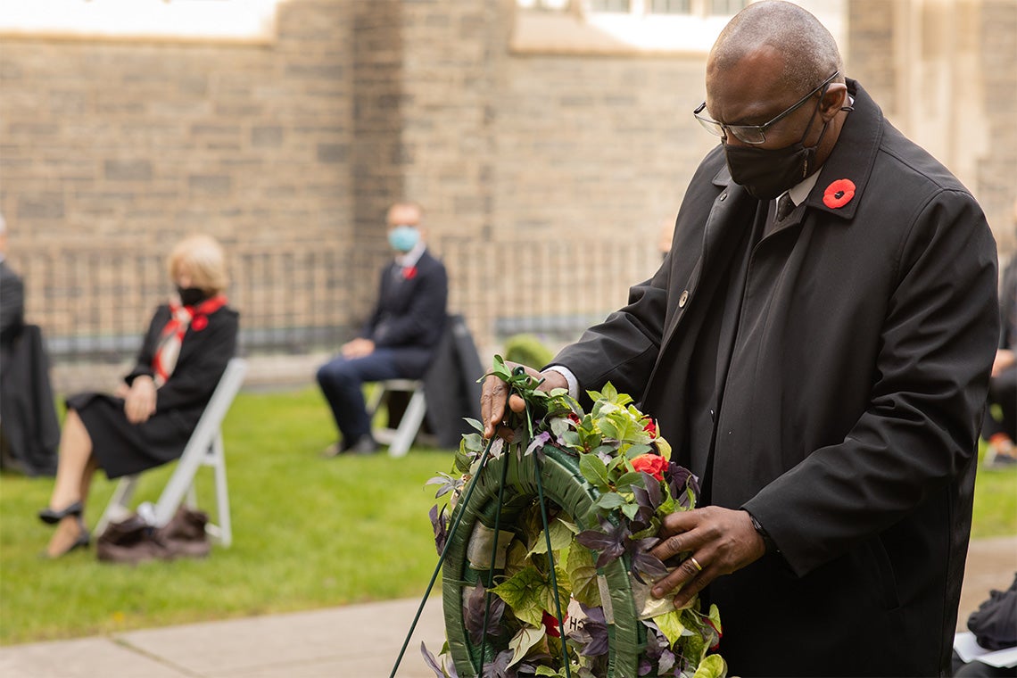Wisdom Tettey, vice-president and principal of U of T Scarborough, participated in the virtual ceremony livestreamed from&nbsp;Hart House&nbsp;(photo by Johnny Guatto)