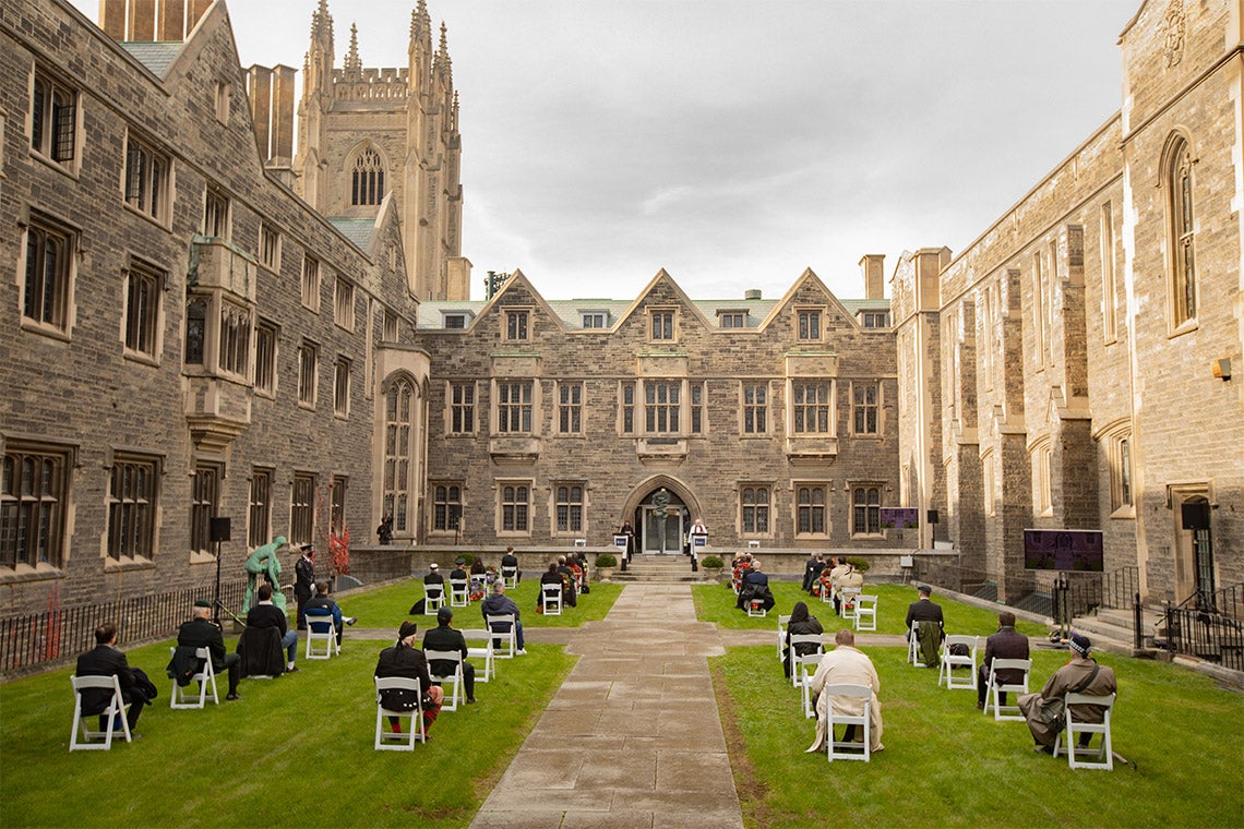 A virtual Remembrance Day ceremony was filmed at the Hart House quadrangle on the St. George campus while maintaining physical distancing protocols&nbsp;(photo by Johnny Guatto)