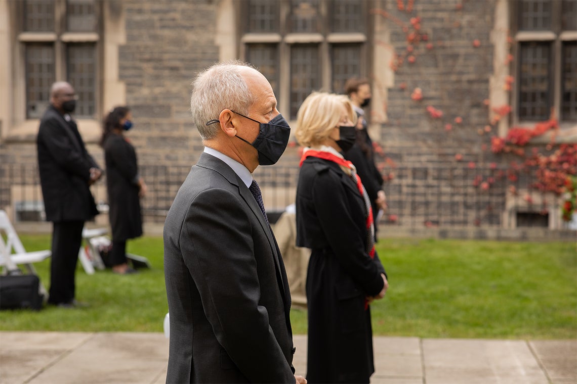 U of T President&nbsp;Meric Gertler&nbsp;and Chancellor&nbsp;Rose Patten&nbsp;at the Remembrance Day ceremony&nbsp;on the&nbsp;St. George campus&nbsp;(photo by Johnny Guatto)