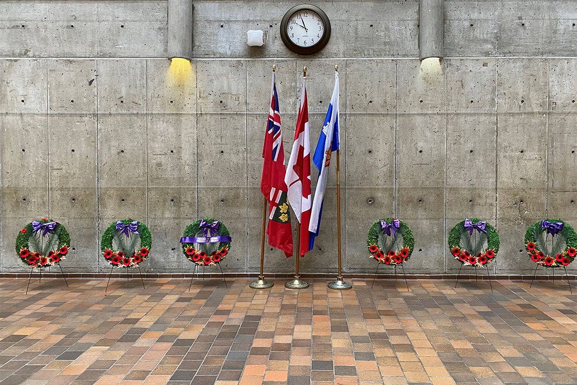 A wreath display in honour of the fallen&nbsp;at&nbsp;U of T Scarborough&nbsp;(photo courtesy of U of T Scarborough)