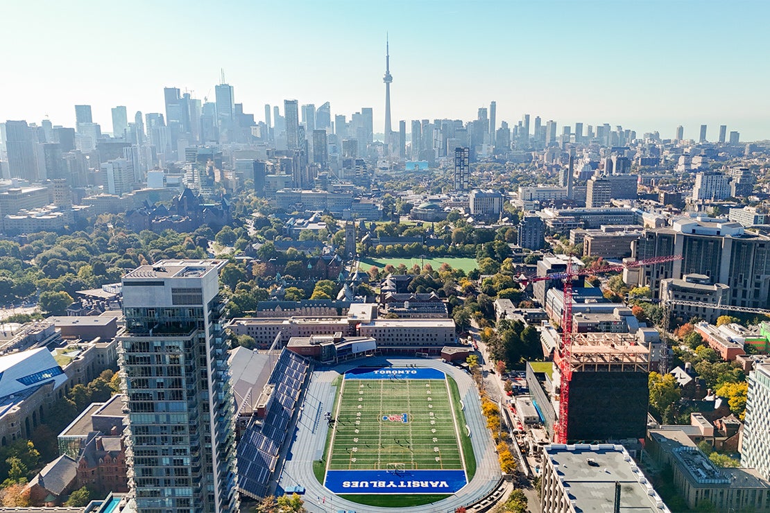 aerial view of the university of toronto with Varsity Stadium in the foreground