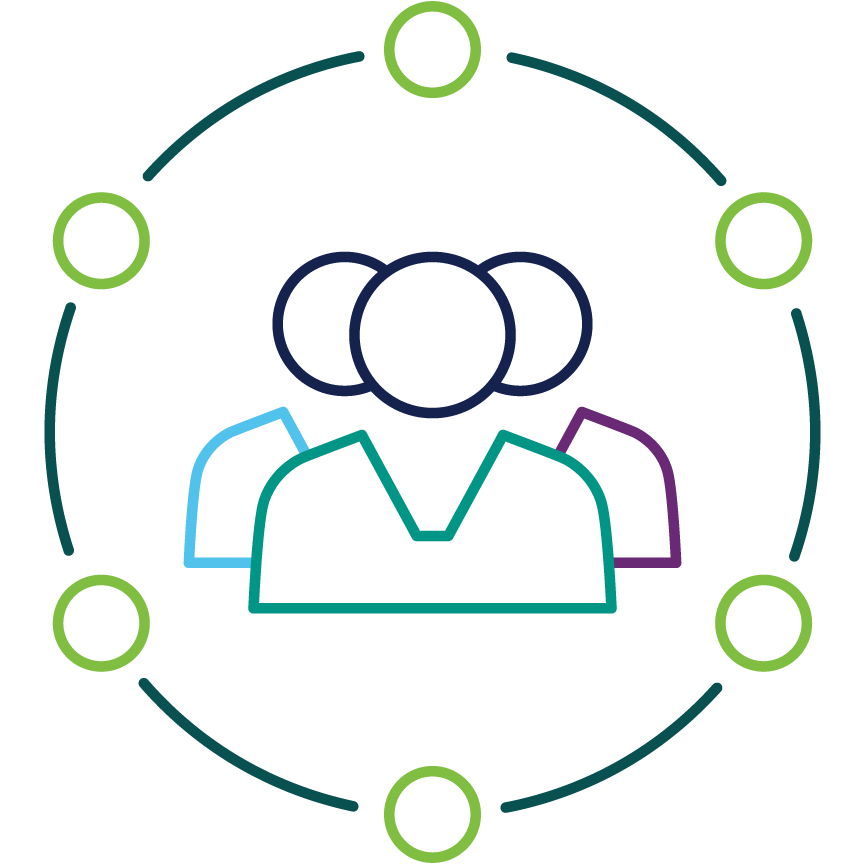 An icon of three figures surrounded by six small green circles