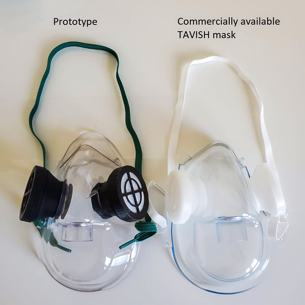 Prototype TAVISH mask beside a commercially available one