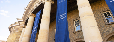 Convocation Hall with blue banners