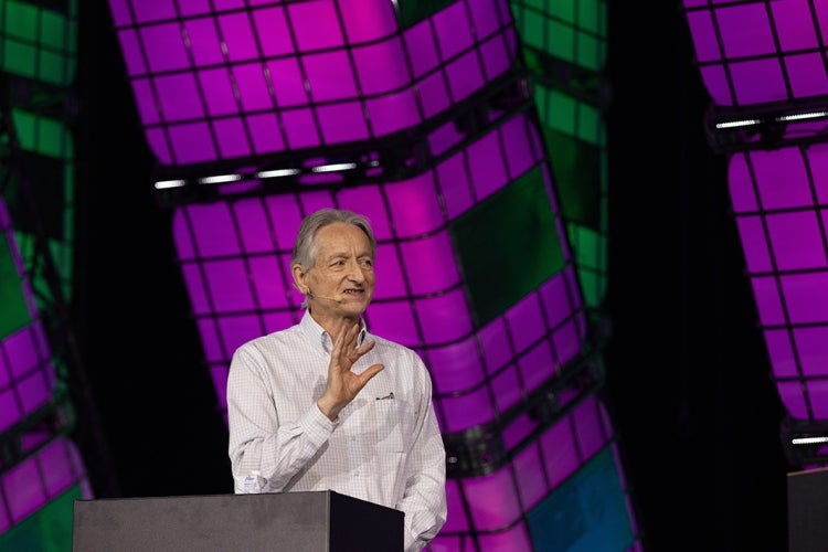 Geoffrey Hinton speaks at a tech conference