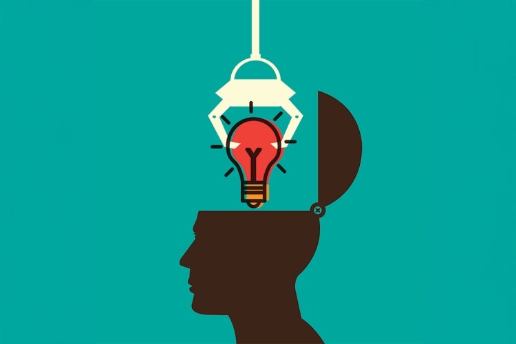 illustration shows a robot arm plucks a lightbulb from a human head