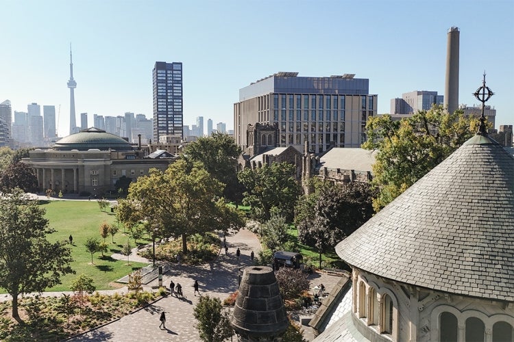 aerial view of front campus with the cn tower in the distance