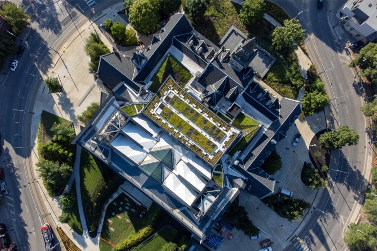 Aerial view of green roof at One Spadina at the University of Toronto