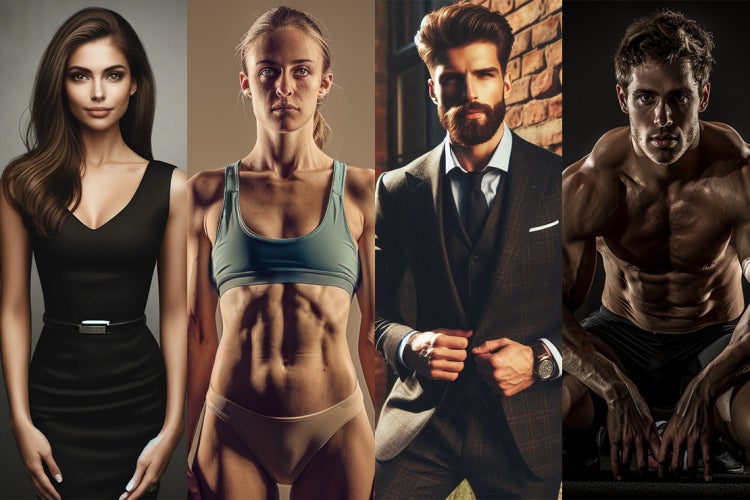 gen ai images of idealized women and men. The women are extremely thin and the men are muscular 