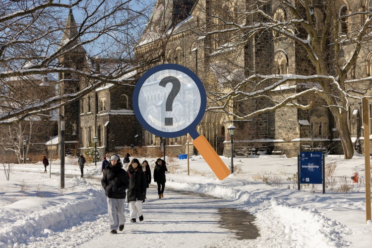 People walking on campus with a magnifying glass with question mark to denote hunting for clues