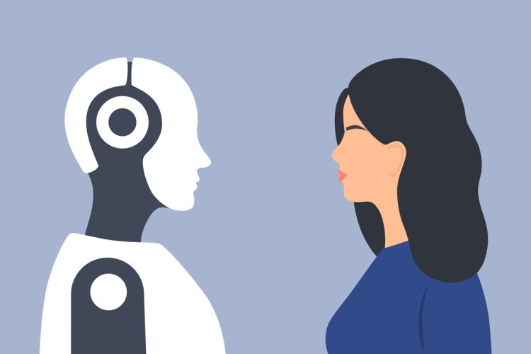 an illustration of a robot facing a human female