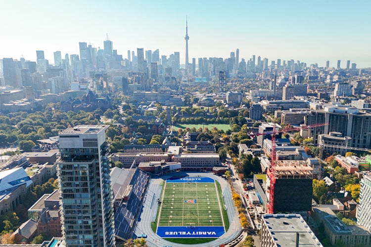 aerial view of the university of toronto with Varsity Stadium in the foreground