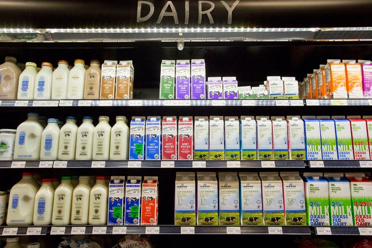 a variety of milk seen on a toronto area grocery store shelf