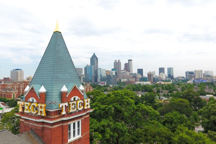 Tech tower in the foreground and the Atlanta skyline in the background