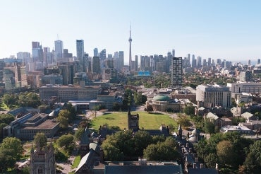 aerial view of University of Toronto St. George campus front campus with cn tower in the background