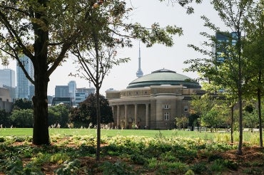 front campus and convocagion hall on a lush spring day