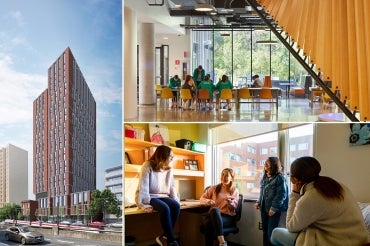 Rendering of Oak House exterior, interior common area of Harmony Commons and friends talking in a UTM residence