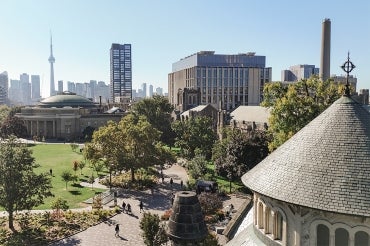aerial view of front campus with the cn tower in the distance