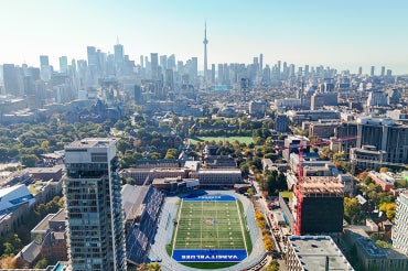 aerial view of the university of toronto with Varsity Stadium in the foreground
