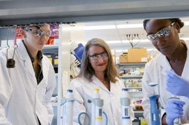 photo of Leah Cowen and other female researchers in a lab