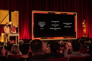 Actors Riz Ahmed, left, and Allison Williams announce the nominations for the 2023 Academy Awards
