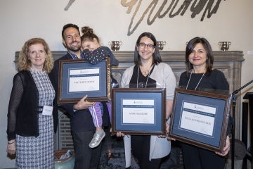 From left to right: Cheryl Regehr, Vice-President and Provost, Matthew Sergi, (with daughter Clio) Anne McGuire,, and Toula Kourgiantakis, in the Gallery Grill 