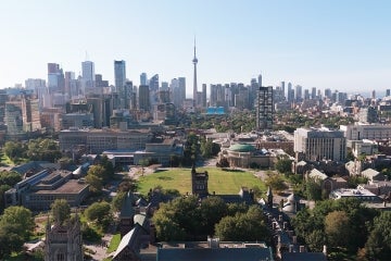 aerial view of University of Toronto St. George campus front campus with cn tower in the background