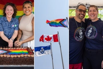 photo collage shows a cake with pride flag is cut by UTM staff, the pride flag with canadian flag and u of t flag and two utsc staff members in pride tshirts