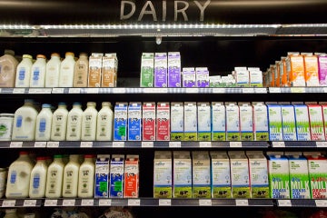 a variety of milk seen on a toronto area grocery store shelf