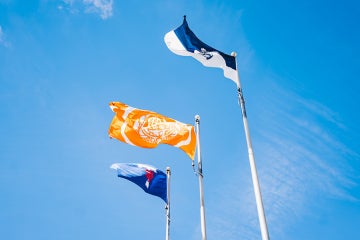Survivors flag as seen on U of T St. George campus alongside the Varsity Blues Flag and the U of T Flag