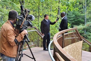 Wisdom Tetty speaks to CTV news at the new UTSC Valley land trail
