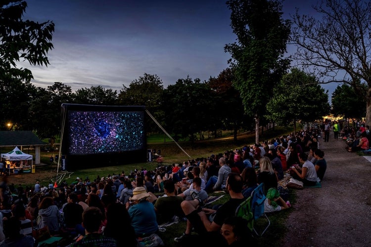 A large group of people gather to watch a movie screen at Christie Pits at dusk