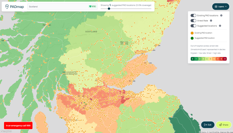screenshot from padmap's website showing AED locations in scotland