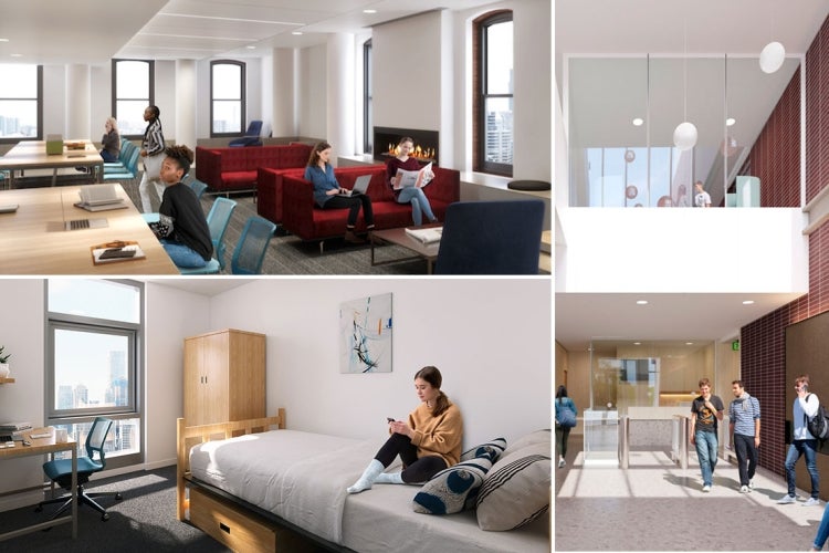 various rendered interiors of oak house including the main entrance, dorm and lounge area