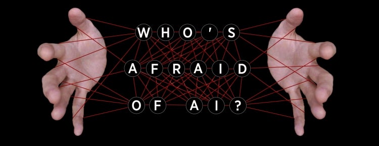 hands holding a cats cradle string with text overlaid that reads "Who's Afraid of AI?"