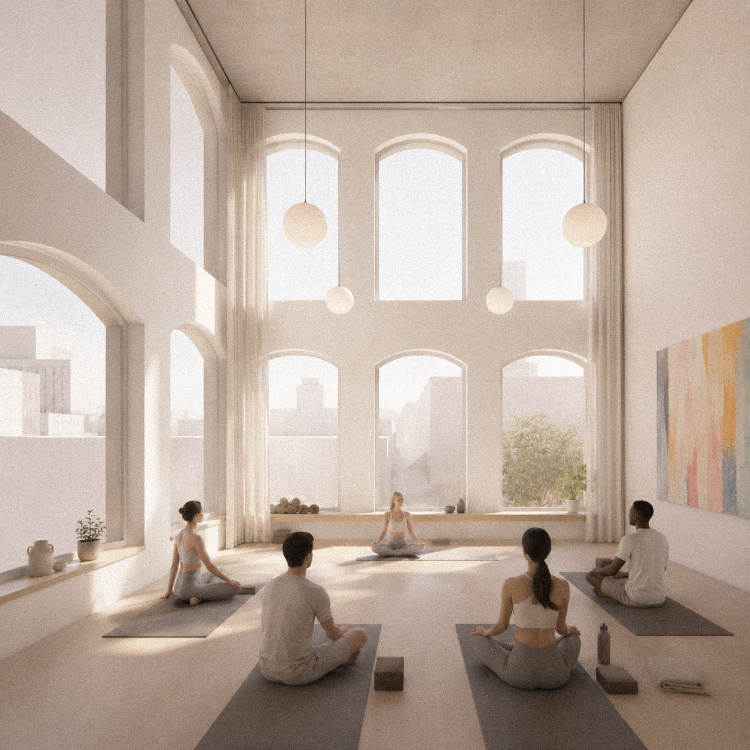 rendering of students doing yoga indoors